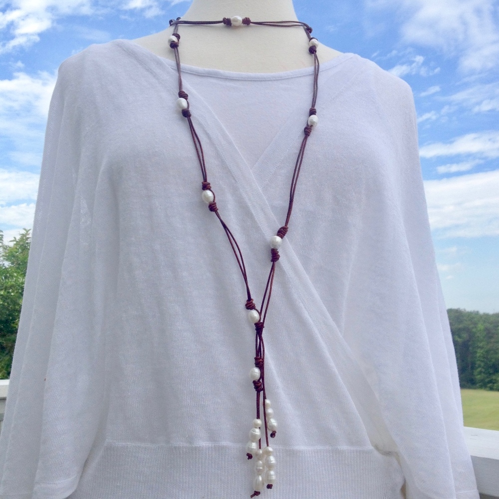 Leather and Pearl Wrap Tassel Necklace New
